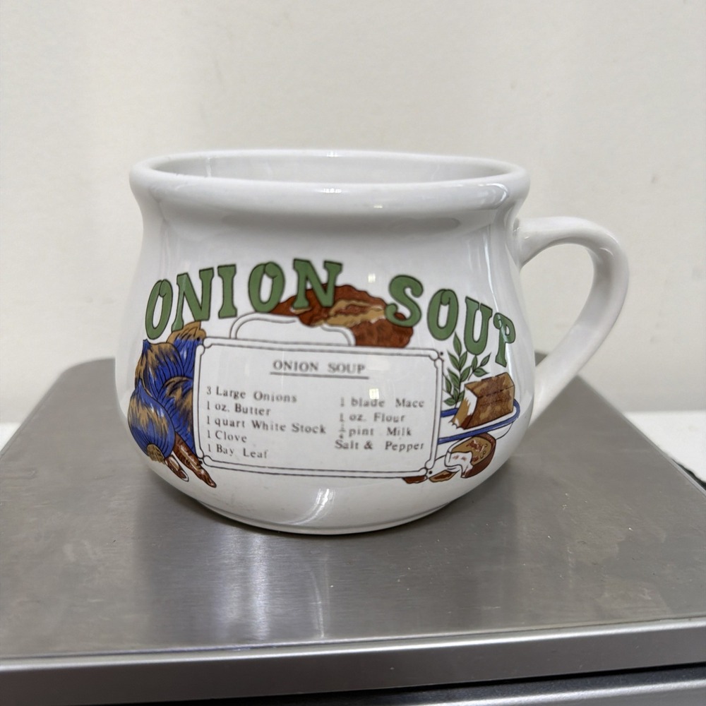 Vintage Onion Soup Recipe Ceramic Bowl Mug Boho Farmhouse 4" Diameter